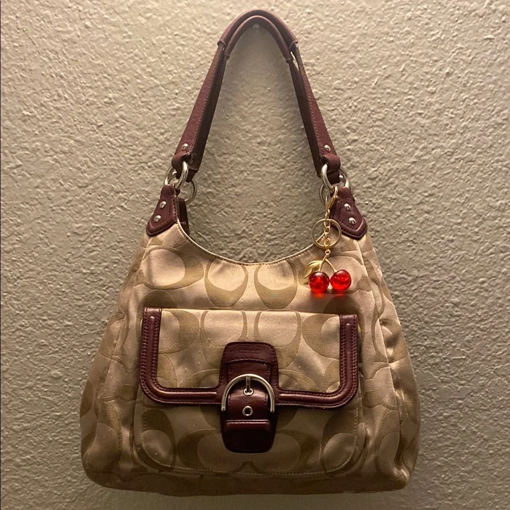 Coach Tan Signature Canvas Hobo with Maroon Trim